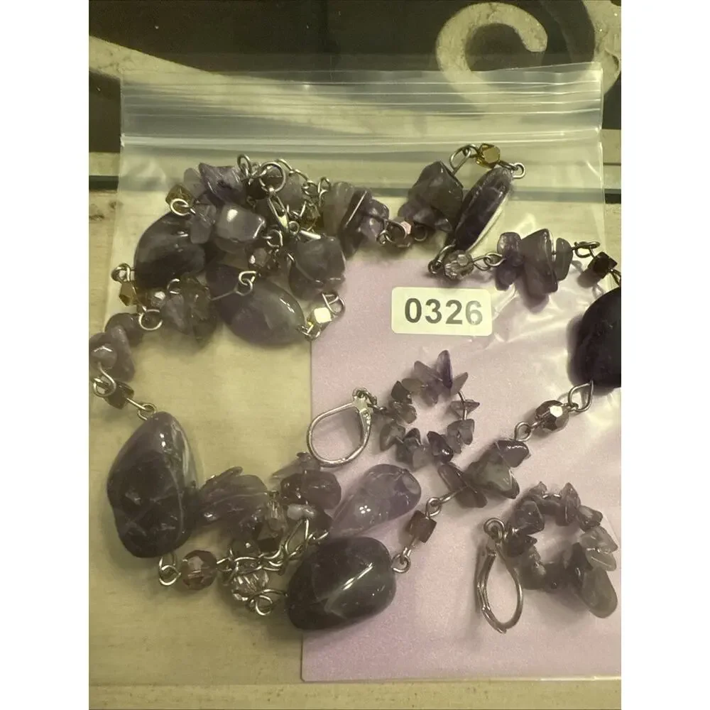 Silver Tone‎ Amethyst Beaded Necklace and Earring Set Pierced 24” Artisan Boho